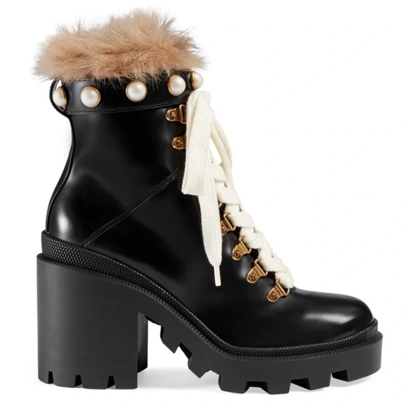 Gucci Trip Black Lace Up Heel Combat Boots with Fur Trim & Pearl Details Size 5 - Picture 5 of 11